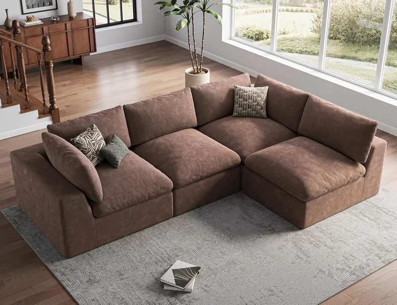 TROMIRY 120 Inch Cloud Sectional Couch, Brown